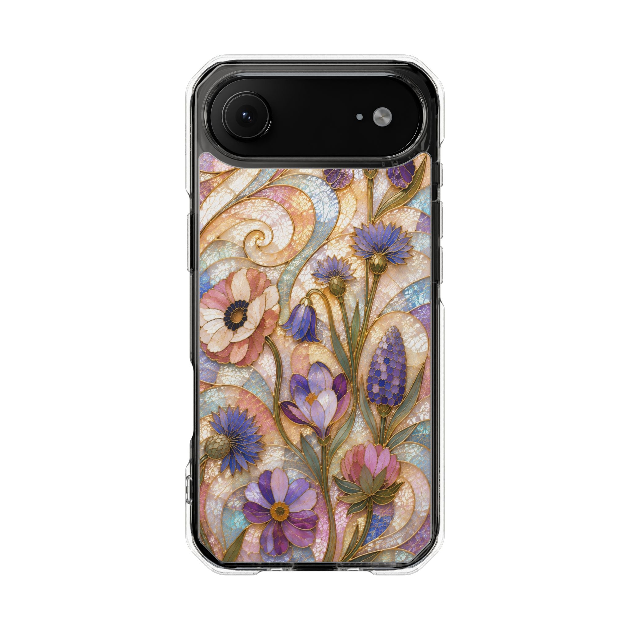 Floral Stained Glass Clear Magnetic Phone Case — Purple Wildflower Design