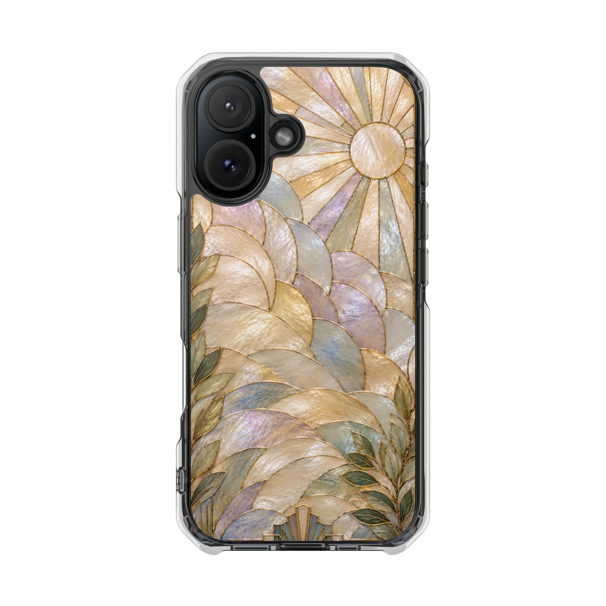 Clear MagSafe Phone Case — Pastel Stained-Glass Sun & Leaves