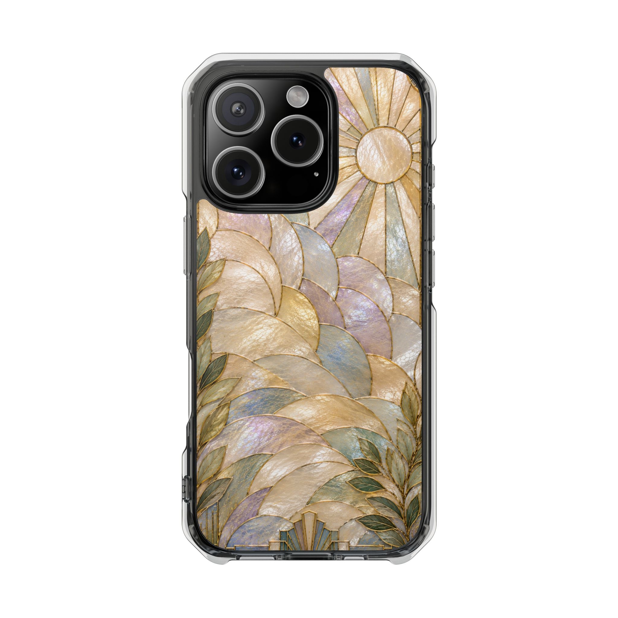 Clear MagSafe Phone Case — Pastel Stained-Glass Sun & Leaves