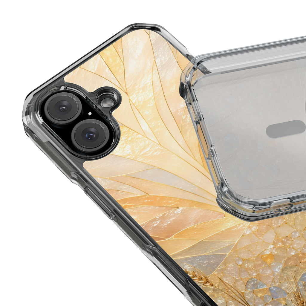 Clear Magnetic Phone Case — Golden Pearl Floral Design, Impact-Resistant iPhone Cover