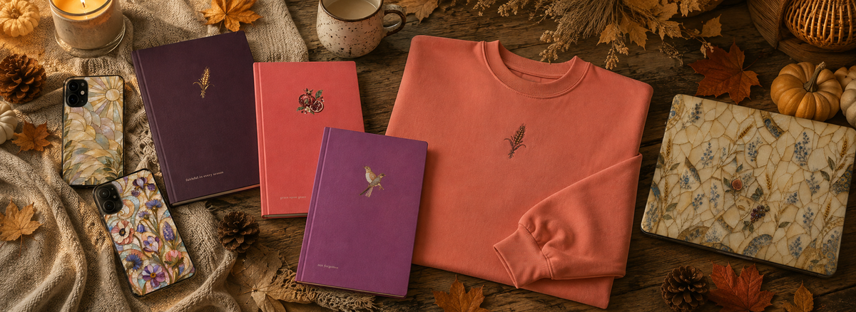 A styled flat-lay of coordinated fall-themed home and fashion items on a rustic wooden surface, including a coral crewneck sweatshirt, purple and coral hardcover notebooks, patterned phone cases, a floral notebook, a mug, a candle, and autumn leaves and pumpkins.