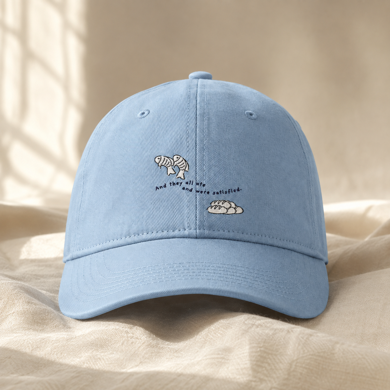 Christian Embroidered Hat | Fish & Loaves Baseball Cap | Matthew 14:20 Faith Hat | Everyday Christian Gift | Butter Yellow Dad Cap