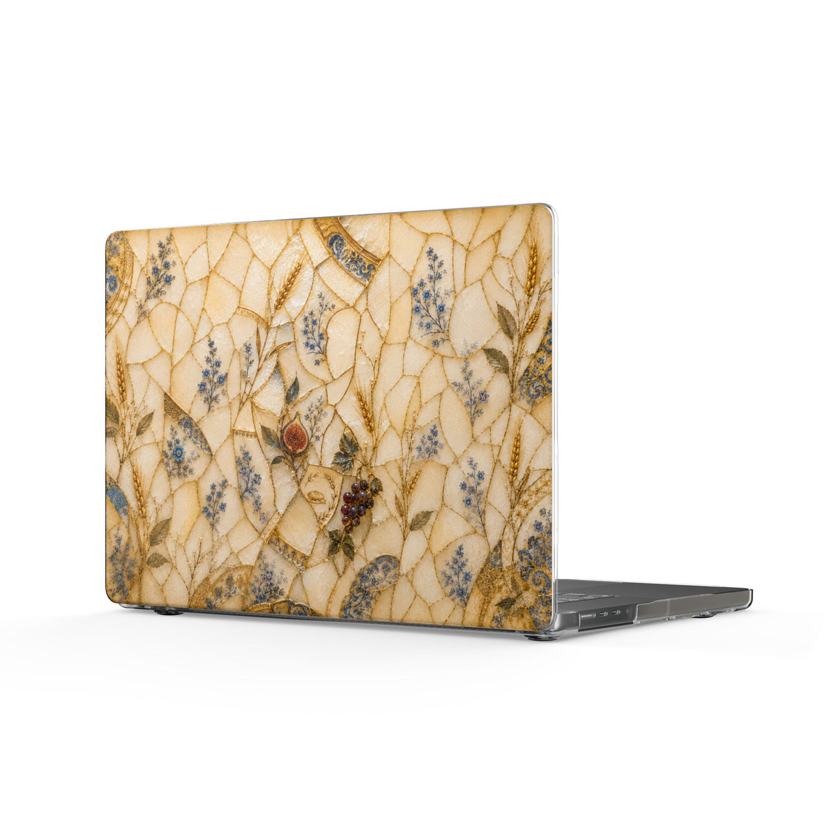 A closed laptop with a decorative skin or case on its lid, shown at a three-quarter angle on a white background. The lid features an intricate mosaic pattern of beige, gold, blue, and brown floral and geometric elements.